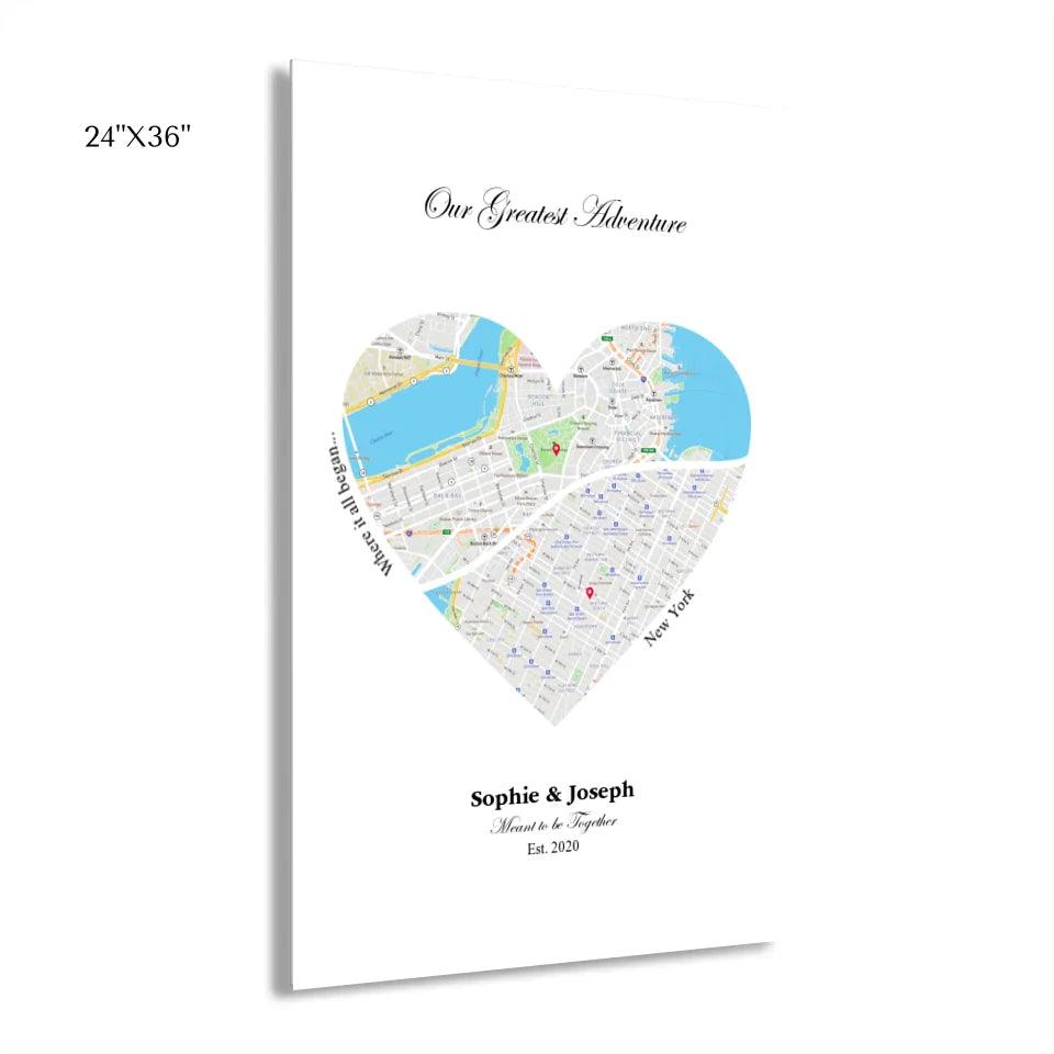 Custom Wall Art - Heart Shaped Dual Location Map - ARTFULANE