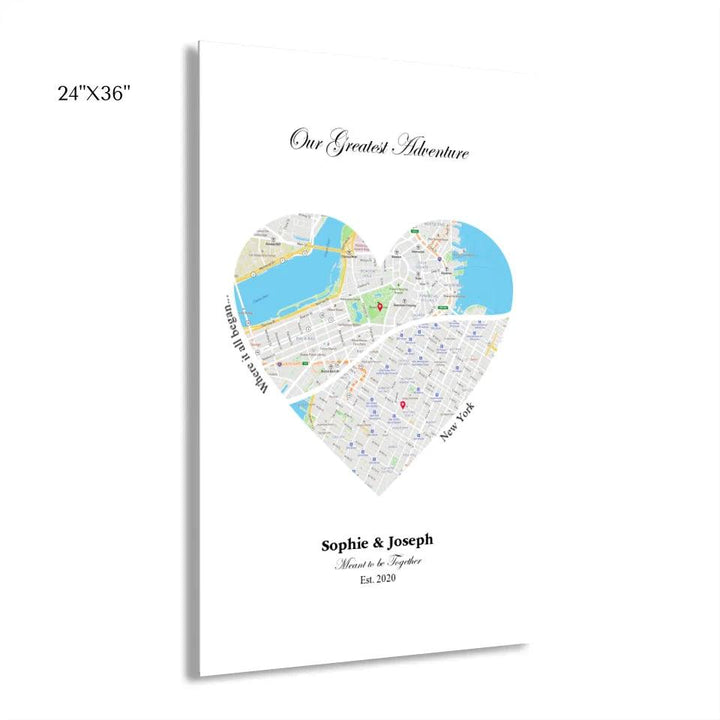 Custom Wall Art - Heart Shaped Dual Location Map - ARTFULANE