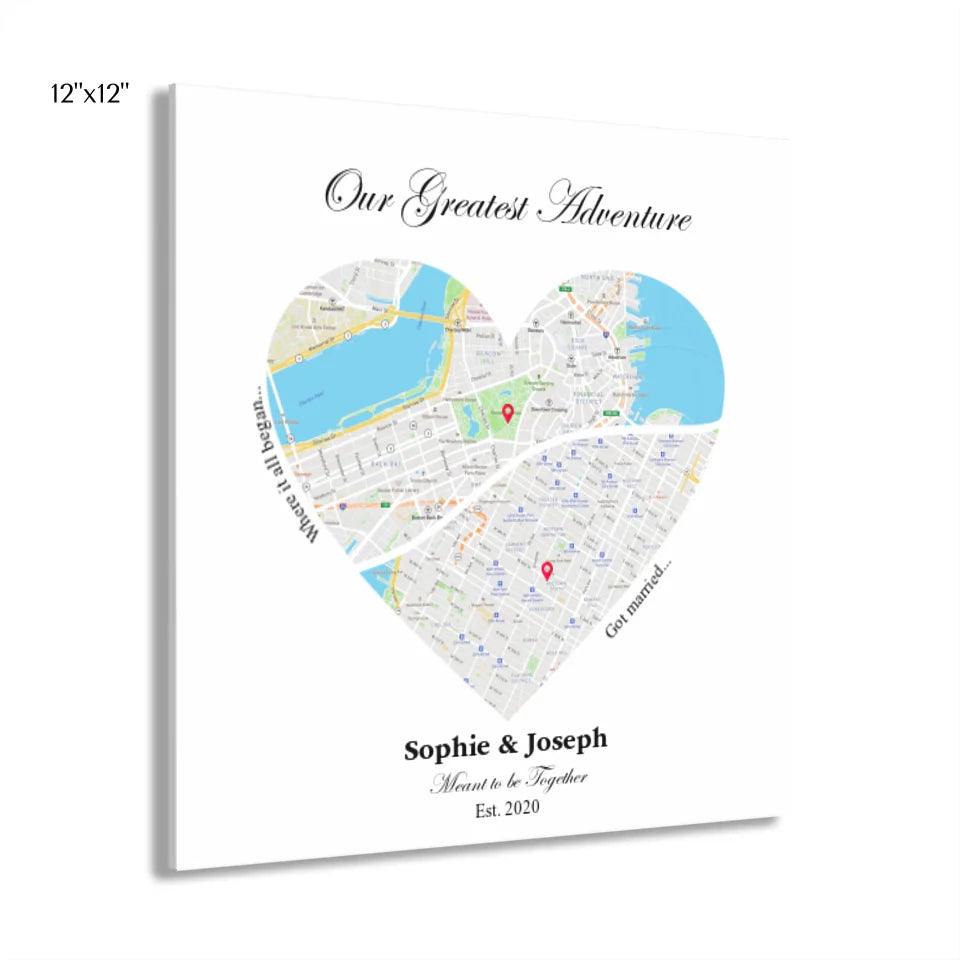 Custom Wall Art - Heart Shaped Dual Location Map - ARTFULANE