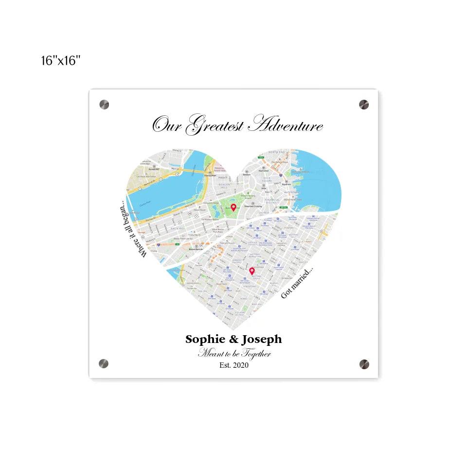 Custom Wall Art - Heart Shaped Dual Location Map - ARTFULANE