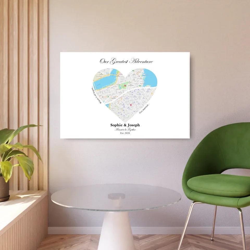 Custom Wall Art - Heart Shaped Dual Location Map - ARTFULANE