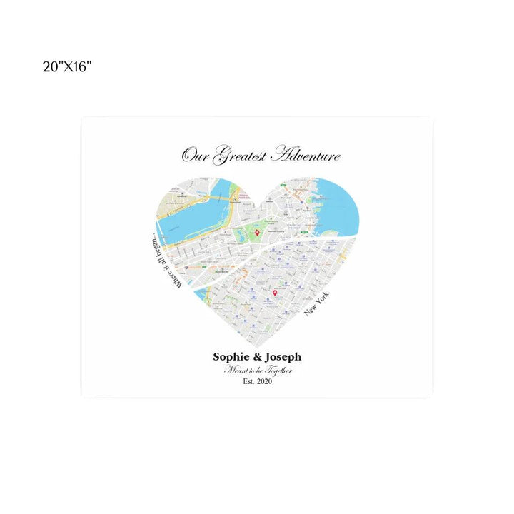 Custom Wall Art - Heart Shaped Dual Location Map - ARTFULANE