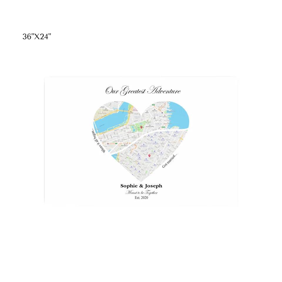 Custom Wall Art - Heart Shaped Dual Location Map - ARTFULANE