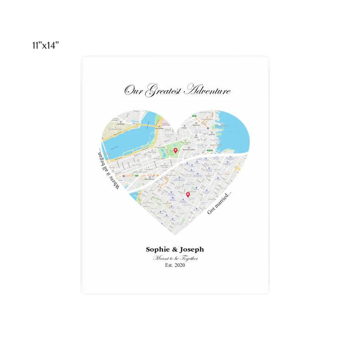 Custom Wall Art - Heart Shaped Dual Location Map - ARTFULANE