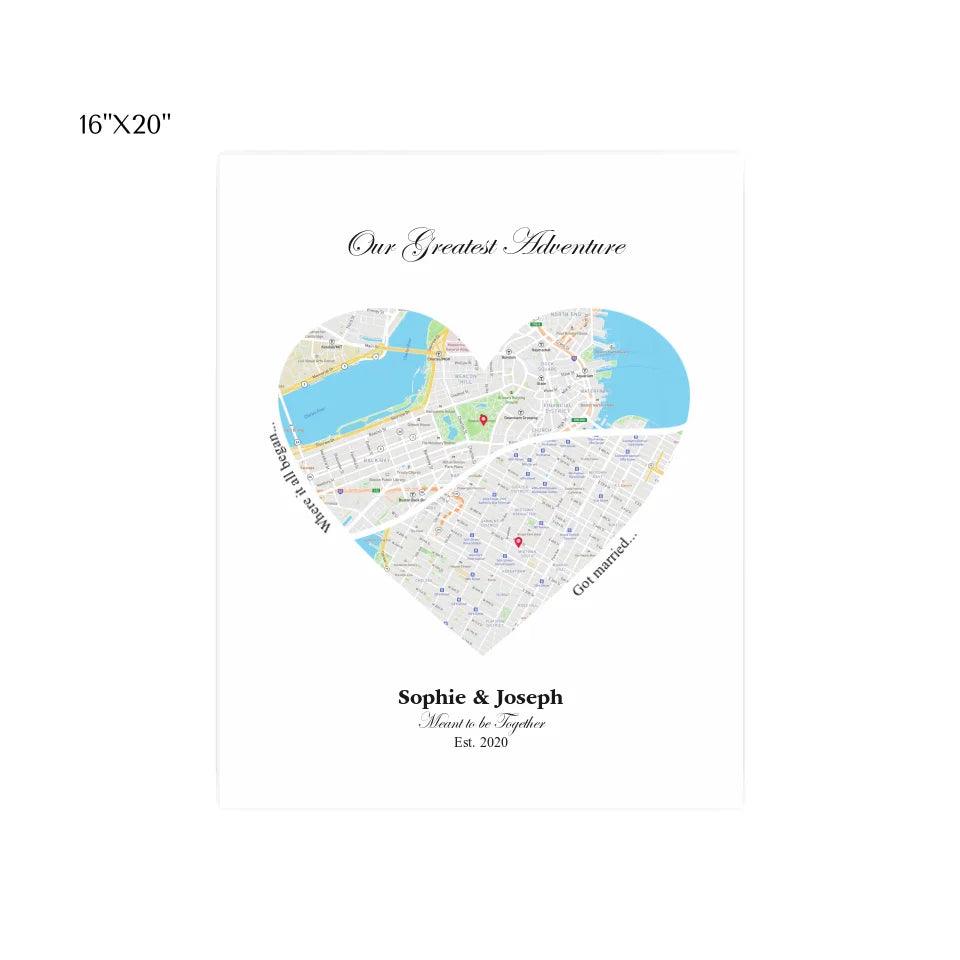 Custom Wall Art - Heart Shaped Dual Location Map - ARTFULANE