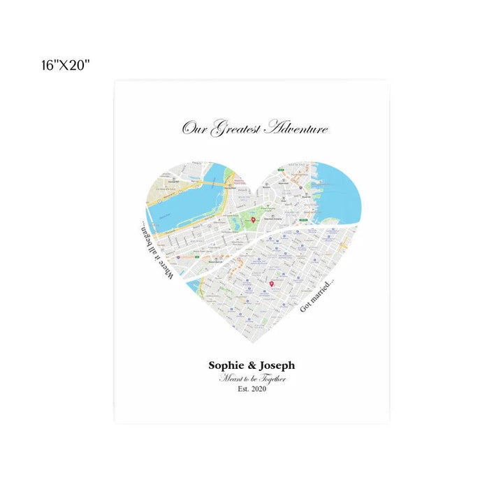 Custom Wall Art - Heart Shaped Dual Location Map - ARTFULANE