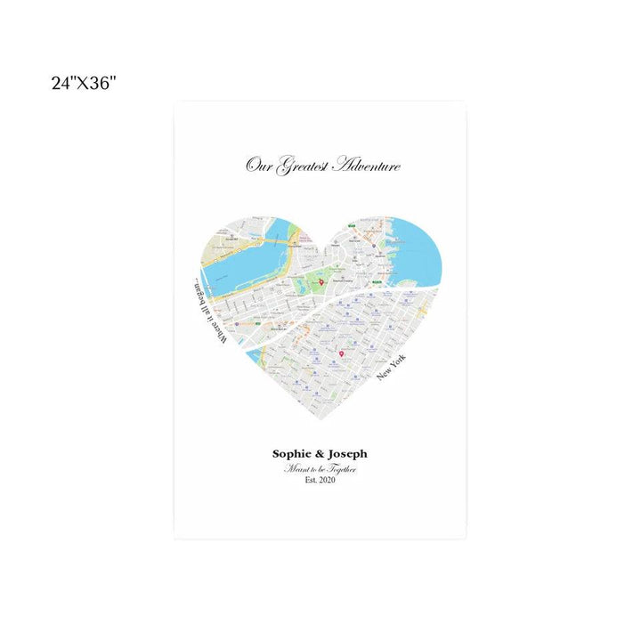 Custom Wall Art - Heart Shaped Dual Location Map - ARTFULANE