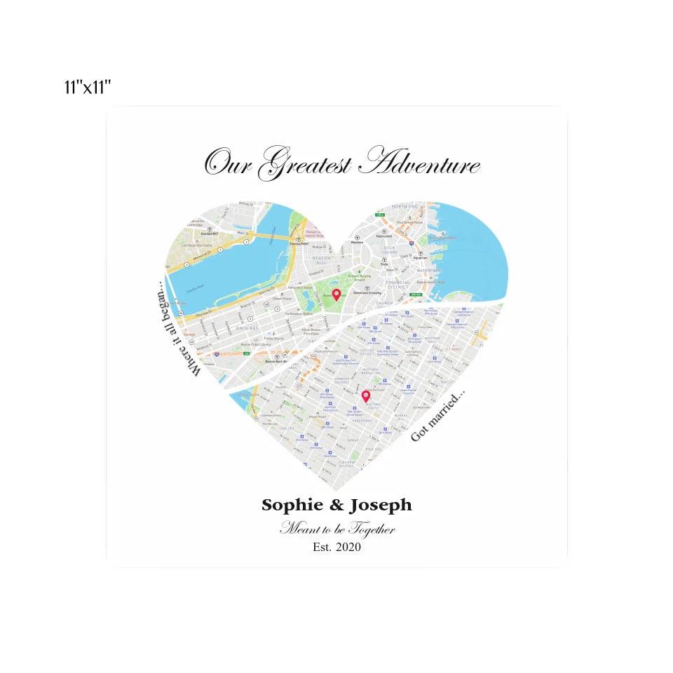 Custom Wall Art - Heart Shaped Dual Location Map - ARTFULANE