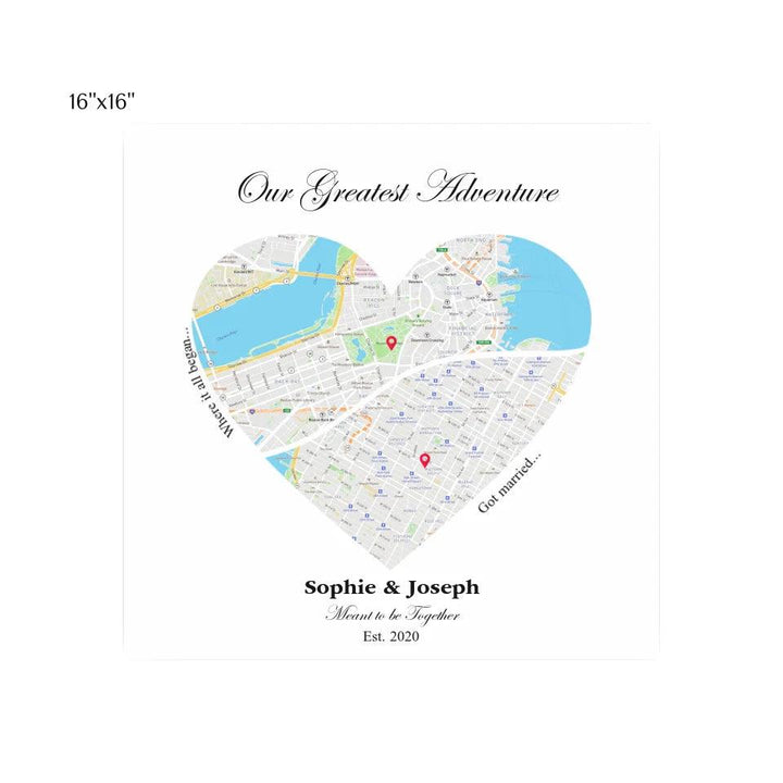 Custom Wall Art - Heart Shaped Dual Location Map - ARTFULANE