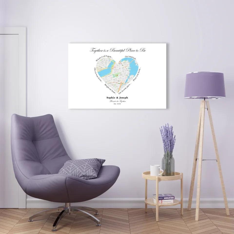 Custom Wall Art - Heart Shaped Single Location Map - ARTFULANE
