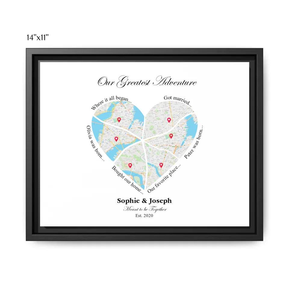Custom Wall Art - Heart Shaped Six Location Map - ARTFULANE