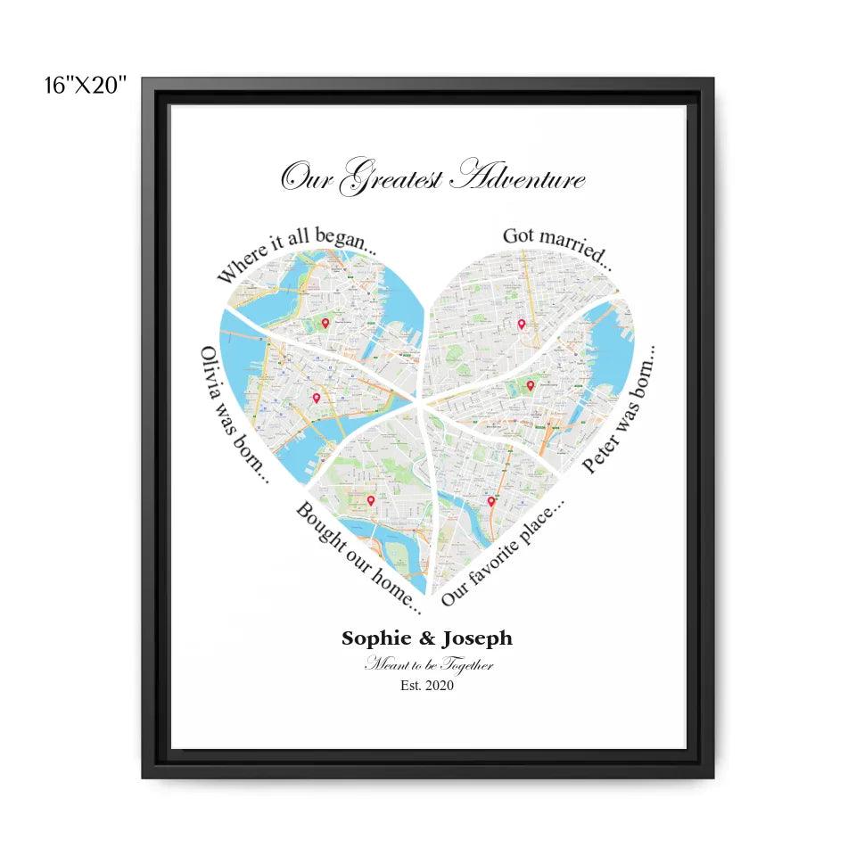 Custom Wall Art - Heart Shaped Six Location Map - ARTFULANE