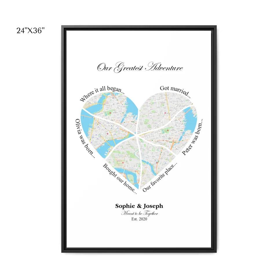 Custom Wall Art - Heart Shaped Six Location Map - ARTFULANE