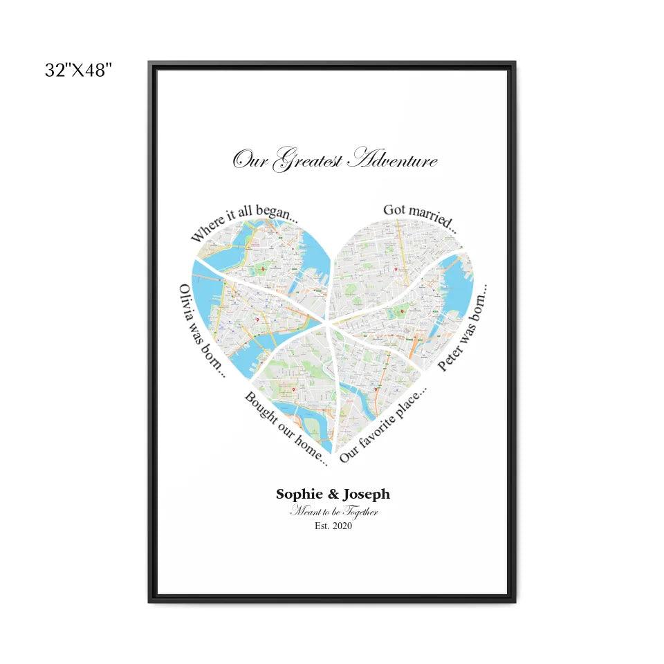 Custom Wall Art - Heart Shaped Six Location Map - ARTFULANE