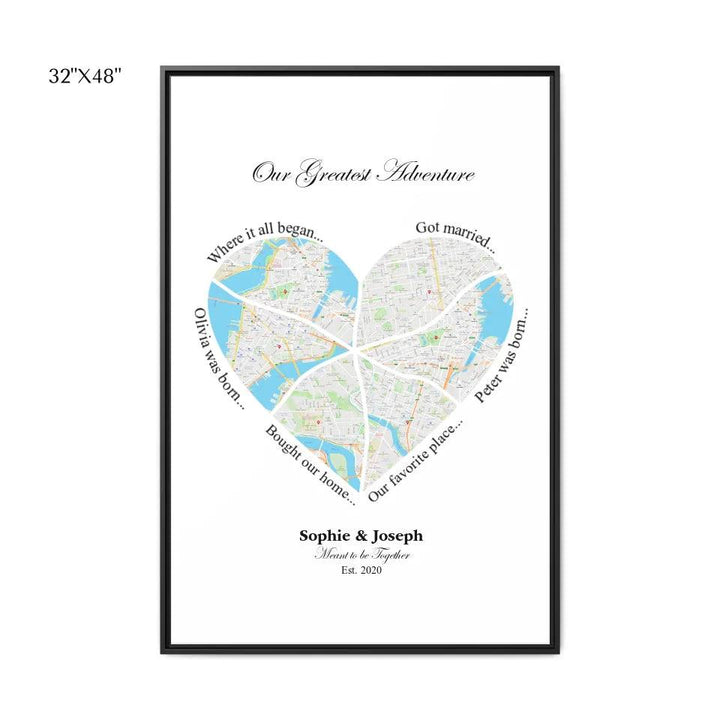 Custom Wall Art - Heart Shaped Six Location Map - ARTFULANE