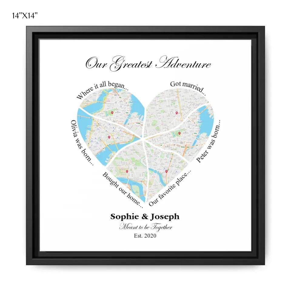 Custom Wall Art - Heart Shaped Six Location Map - ARTFULANE