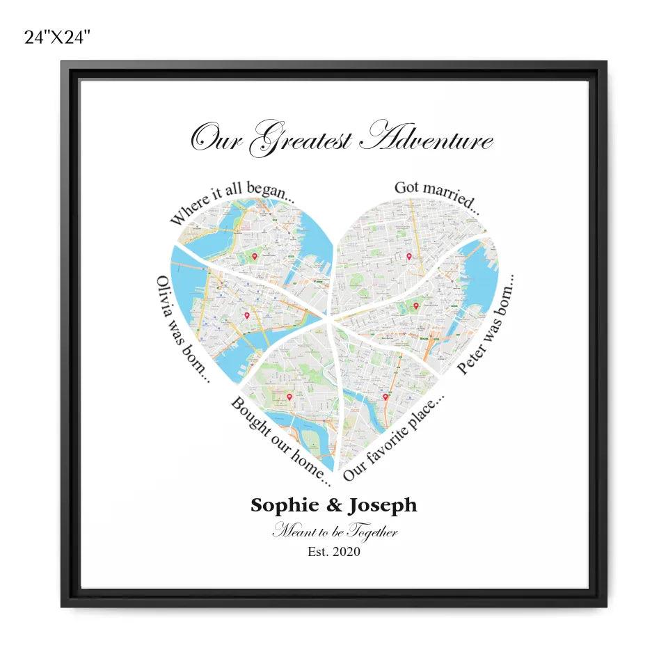 Custom Wall Art - Heart Shaped Six Location Map - ARTFULANE