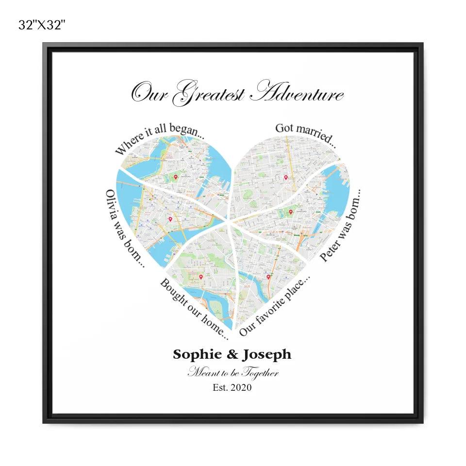 Custom Wall Art - Heart Shaped Six Location Map - ARTFULANE