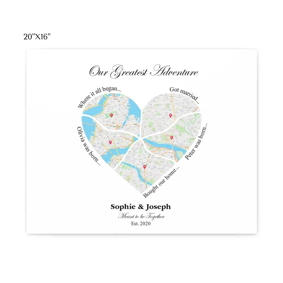 Custom Wall Art - Heart Shaped Six Location Map - ARTFULANE