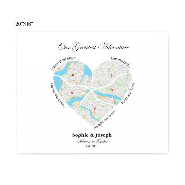 Custom Wall Art - Heart Shaped Six Location Map - ARTFULANE