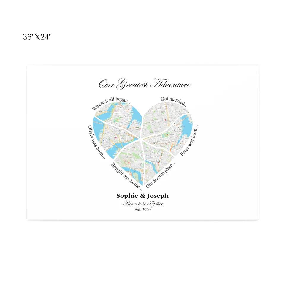 Custom Wall Art - Heart Shaped Six Location Map - ARTFULANE
