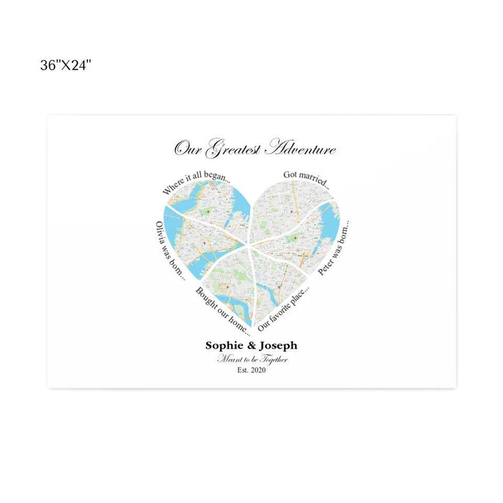 Custom Wall Art - Heart Shaped Six Location Map - ARTFULANE