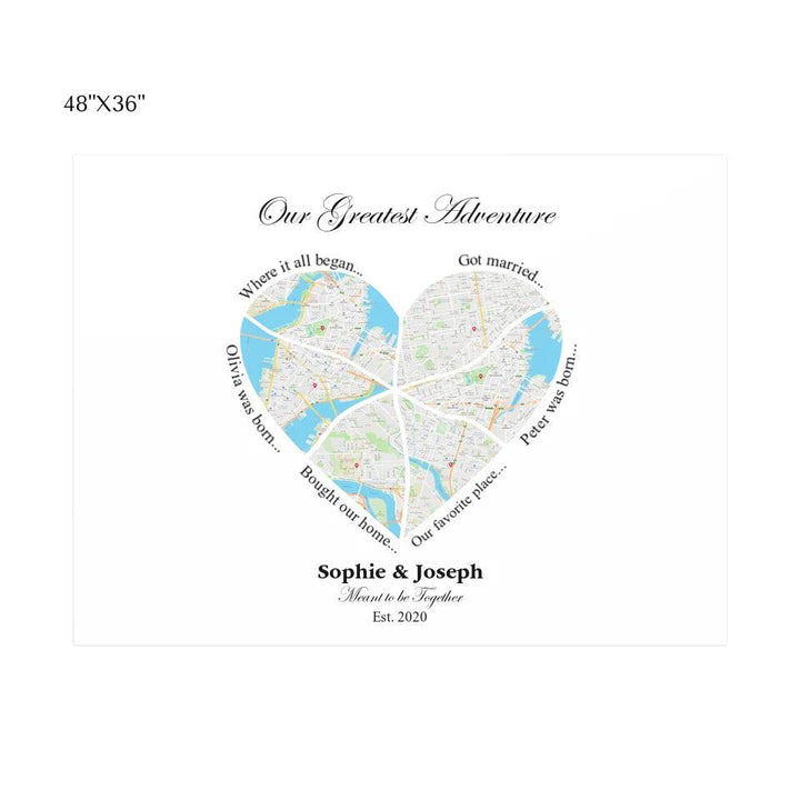 Custom Wall Art - Heart Shaped Six Location Map - ARTFULANE