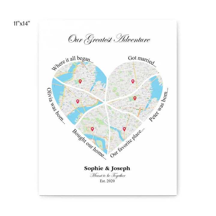 Custom Wall Art - Heart Shaped Six Location Map - ARTFULANE