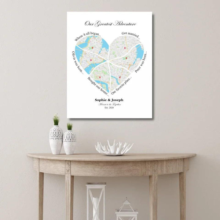 Custom Wall Art - Heart Shaped Six Location Map - ARTFULANE
