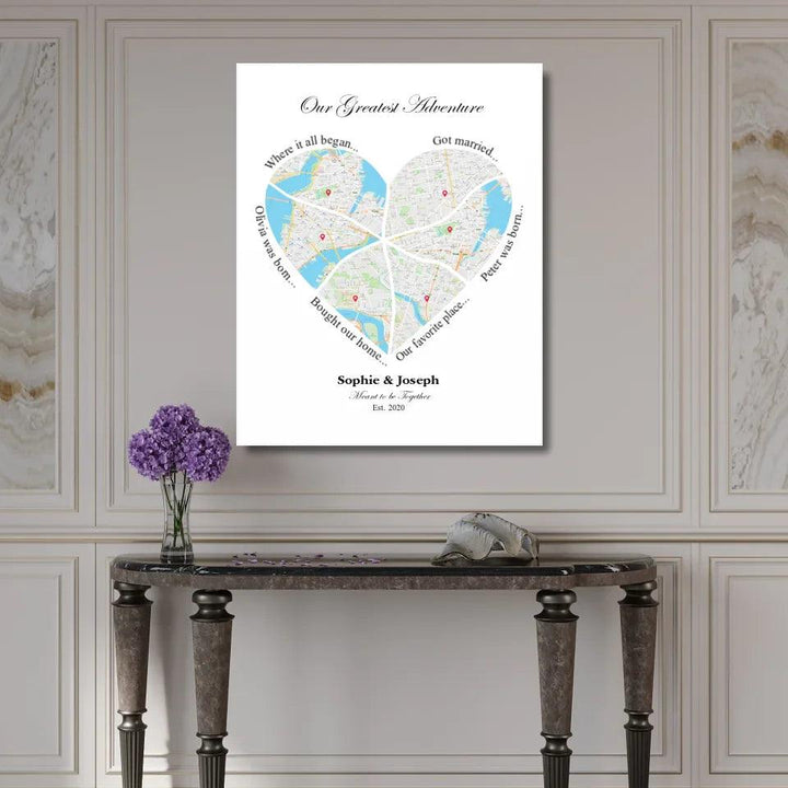 Custom Wall Art - Heart Shaped Six Location Map - ARTFULANE