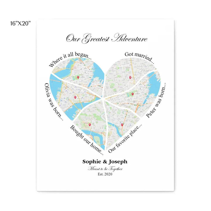Custom Wall Art - Heart Shaped Six Location Map - ARTFULANE