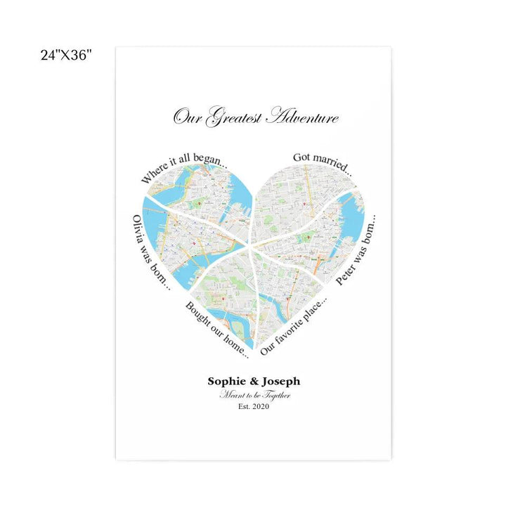 Custom Wall Art - Heart Shaped Six Location Map - ARTFULANE