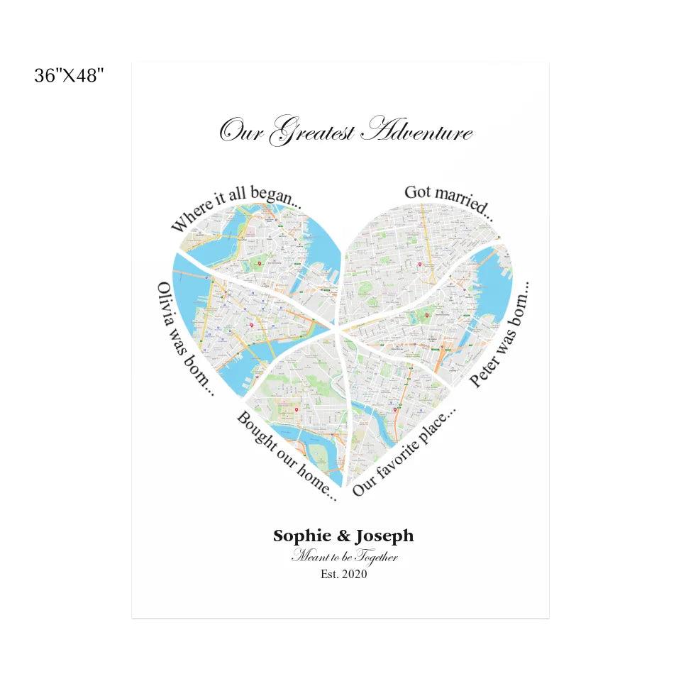 Custom Wall Art - Heart Shaped Six Location Map - ARTFULANE