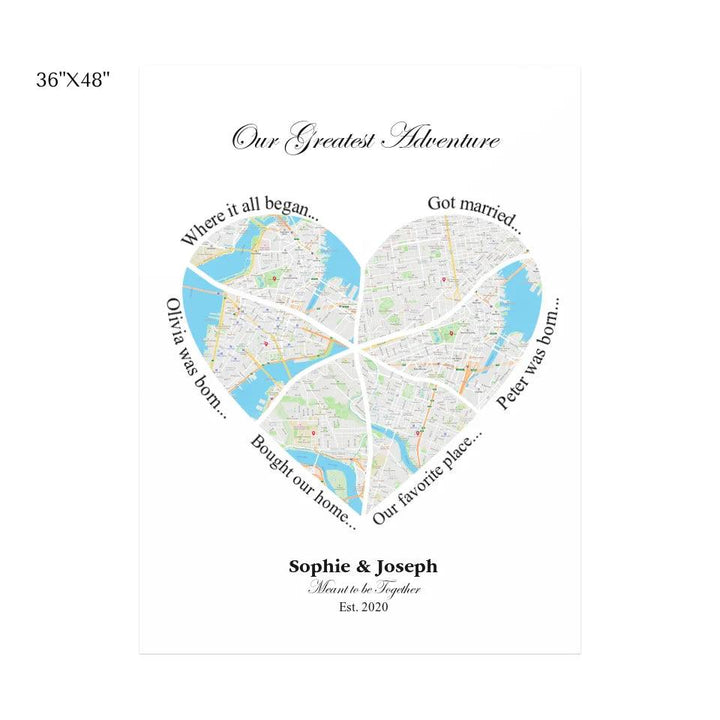 Custom Wall Art - Heart Shaped Six Location Map - ARTFULANE