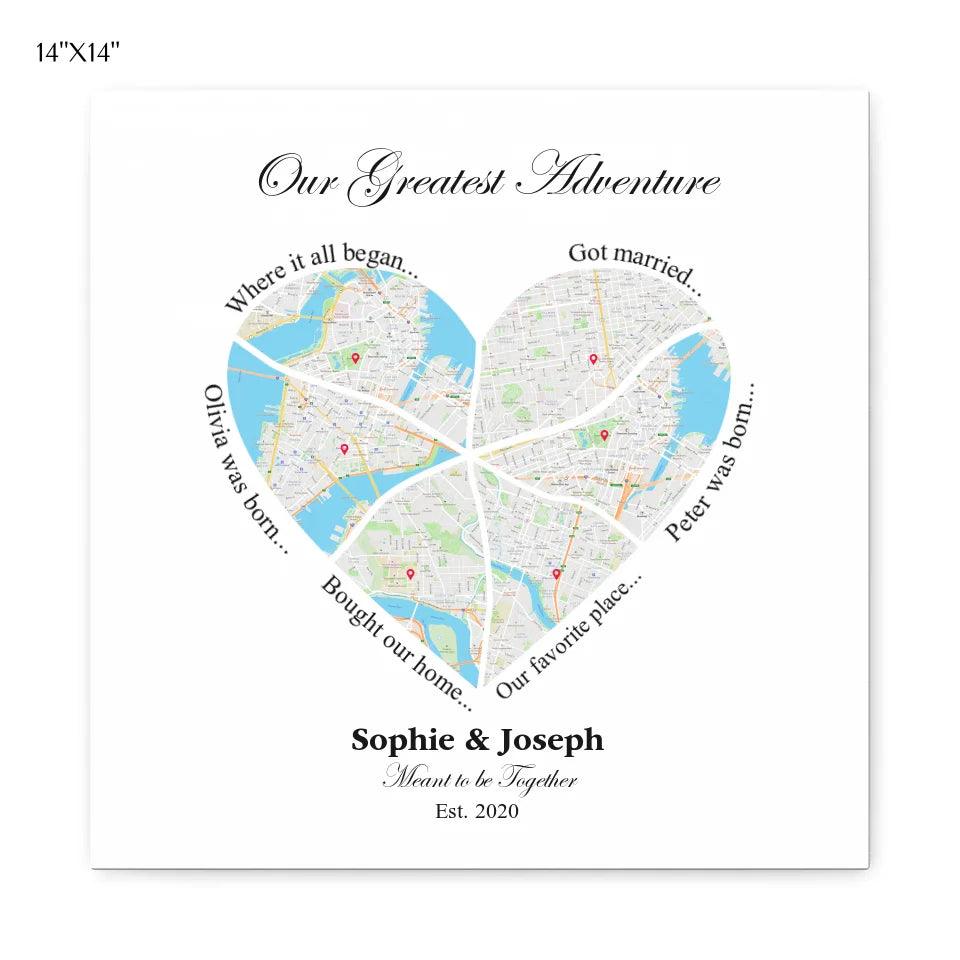 Custom Wall Art - Heart Shaped Six Location Map - ARTFULANE
