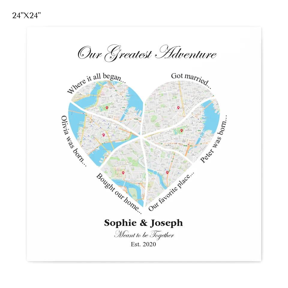 Custom Wall Art - Heart Shaped Six Location Map - ARTFULANE