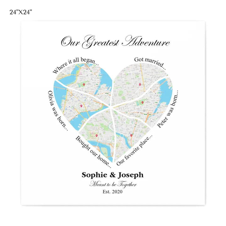 Custom Wall Art - Heart Shaped Six Location Map - ARTFULANE
