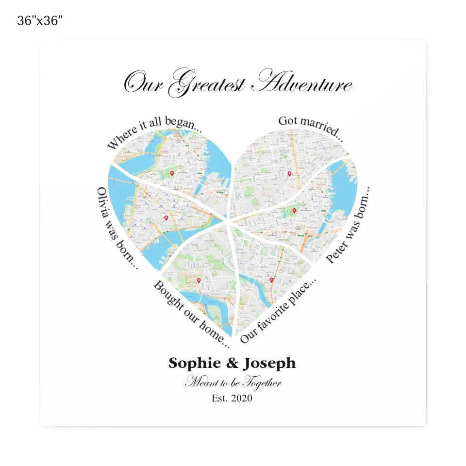 Custom Wall Art - Heart Shaped Six Location Map - ARTFULANE