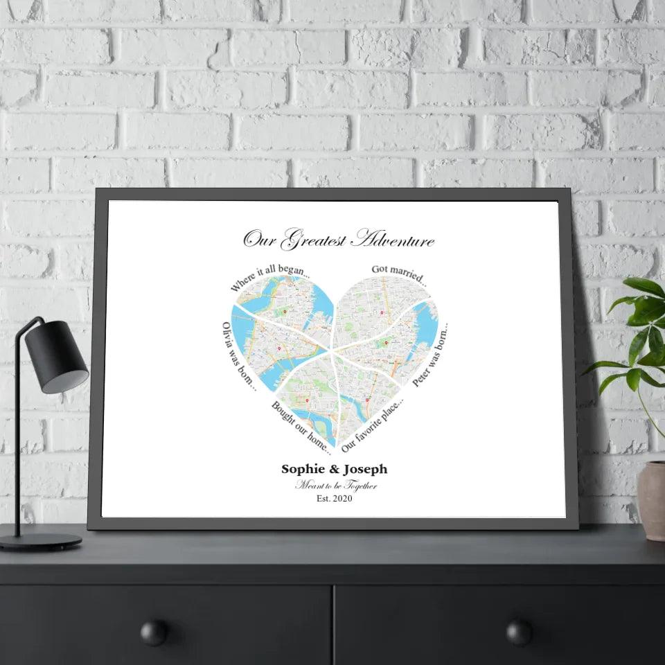 Custom Wall Art - Heart Shaped Six Location Map - ARTFULANE