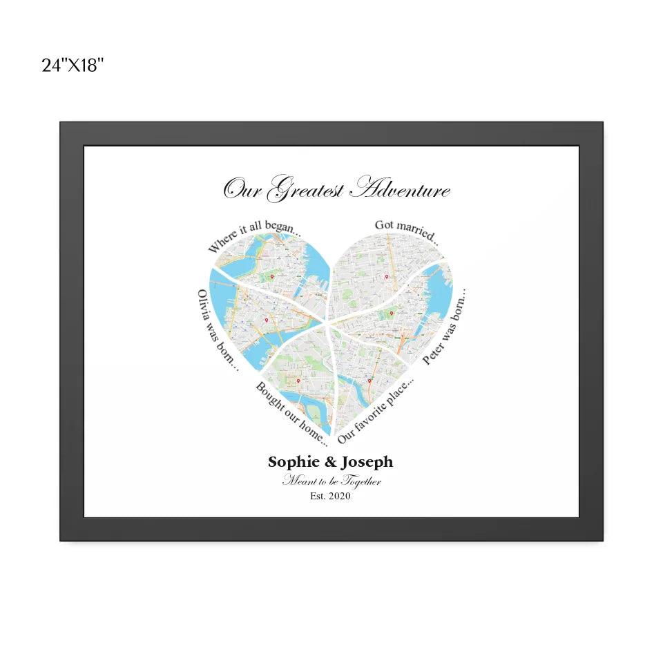 Custom Wall Art - Heart Shaped Six Location Map - ARTFULANE