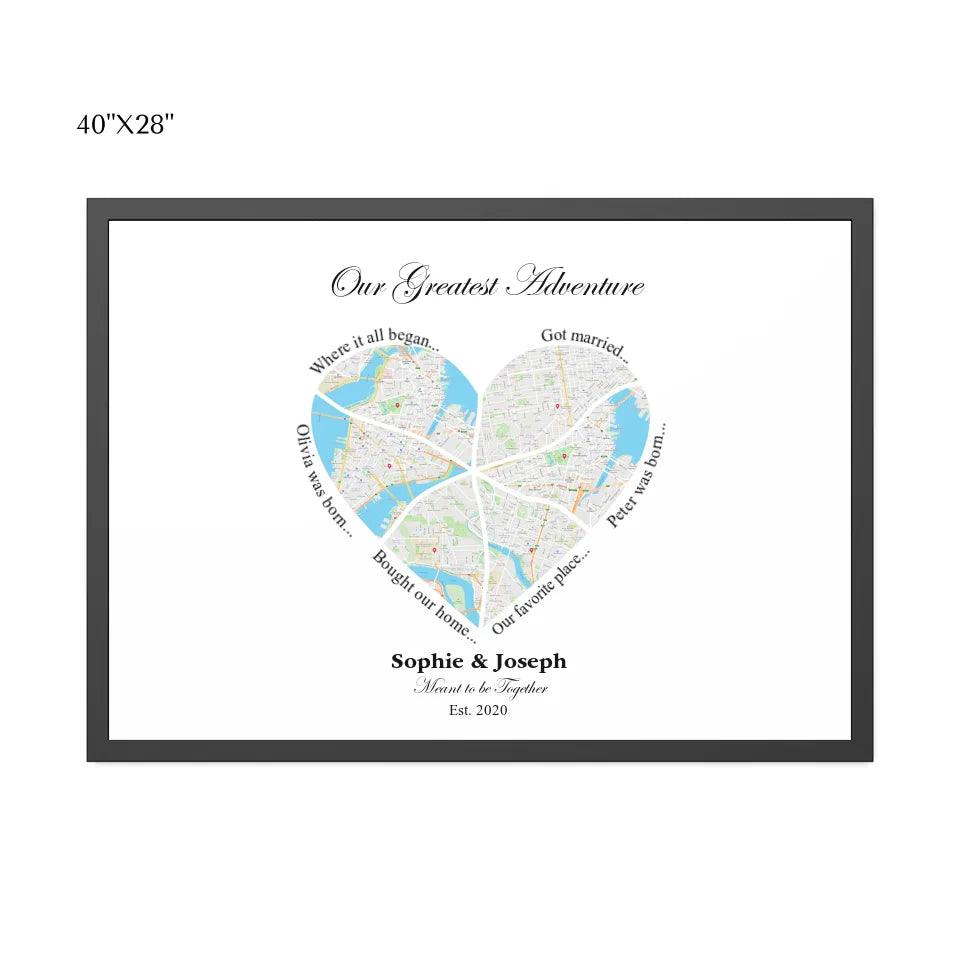 Custom Wall Art - Heart Shaped Six Location Map - ARTFULANE