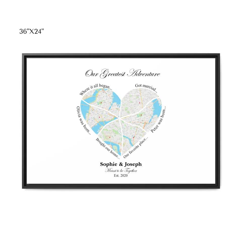 Custom Wall Art - Heart Shaped Six Location Map - ARTFULANE