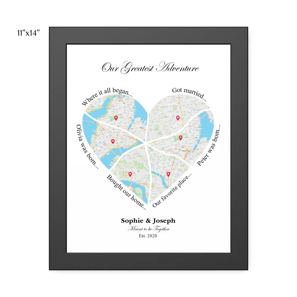 Custom Wall Art - Heart Shaped Six Location Map - ARTFULANE