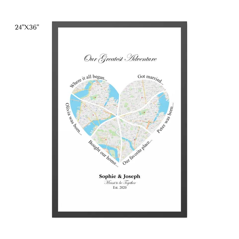 Custom Wall Art - Heart Shaped Six Location Map - ARTFULANE