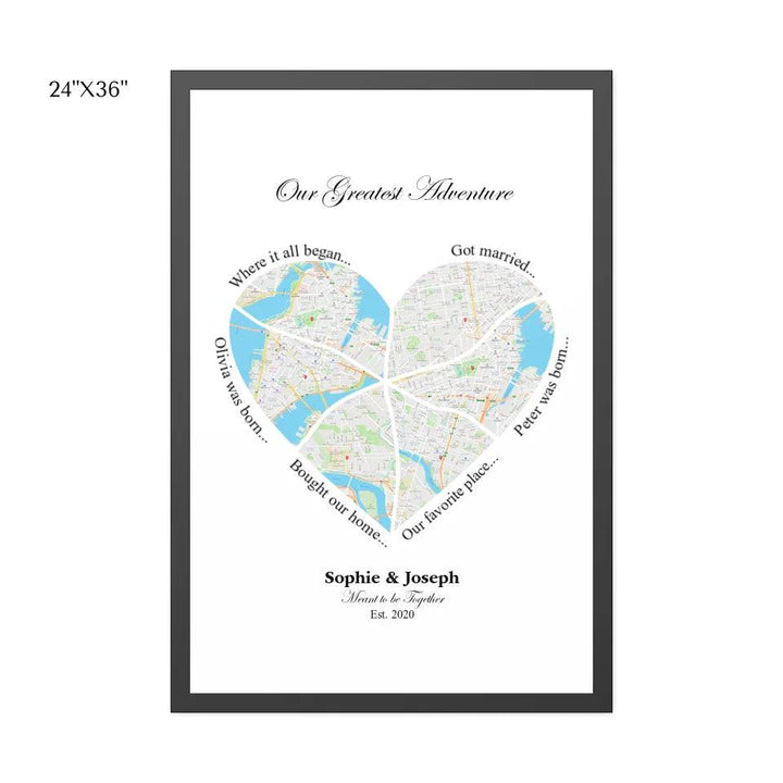 Custom Wall Art - Heart Shaped Six Location Map - ARTFULANE