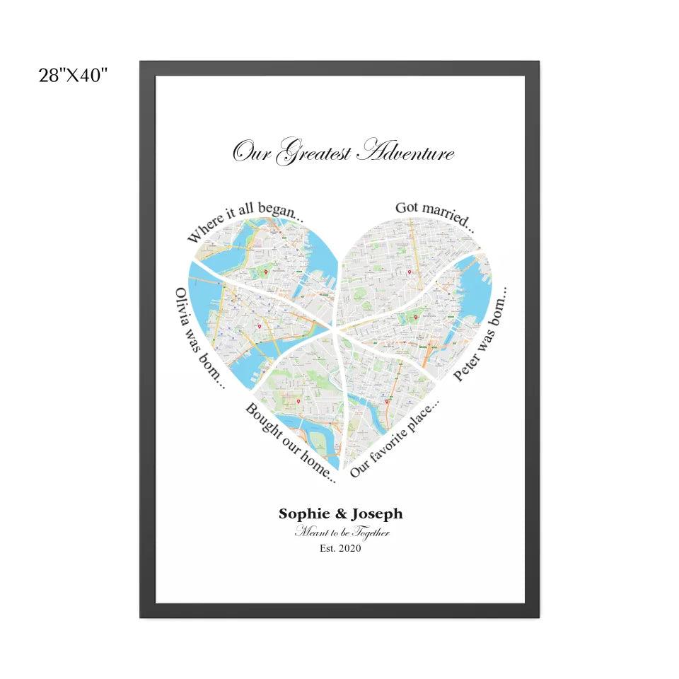 Custom Wall Art - Heart Shaped Six Location Map - ARTFULANE