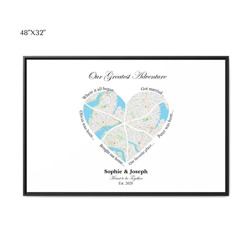 Custom Wall Art - Heart Shaped Six Location Map - ARTFULANE