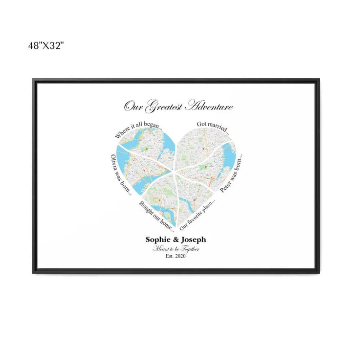 Custom Wall Art - Heart Shaped Six Location Map - ARTFULANE