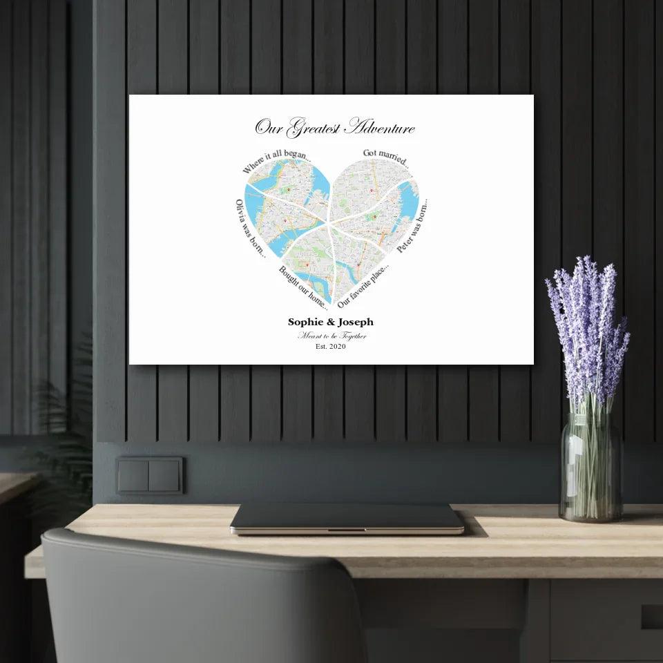 Custom Wall Art - Heart Shaped Six Location Map - ARTFULANE
