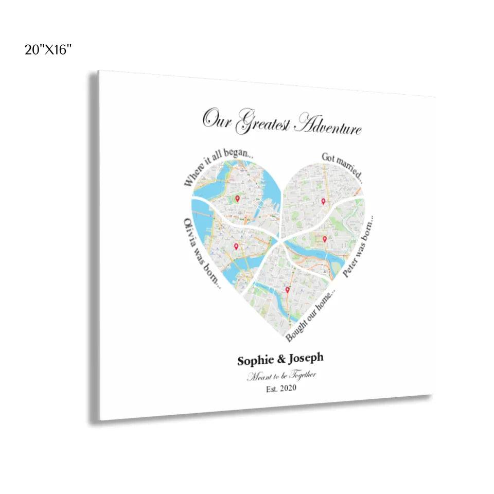 Custom Wall Art - Heart Shaped Six Location Map - ARTFULANE